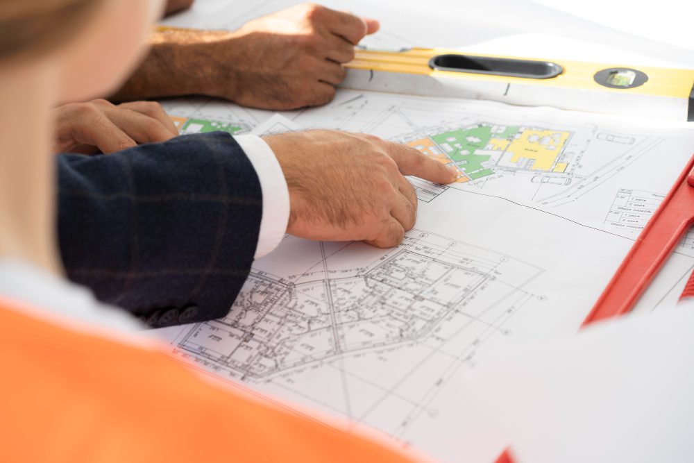 Two men reviewing a blueprint.